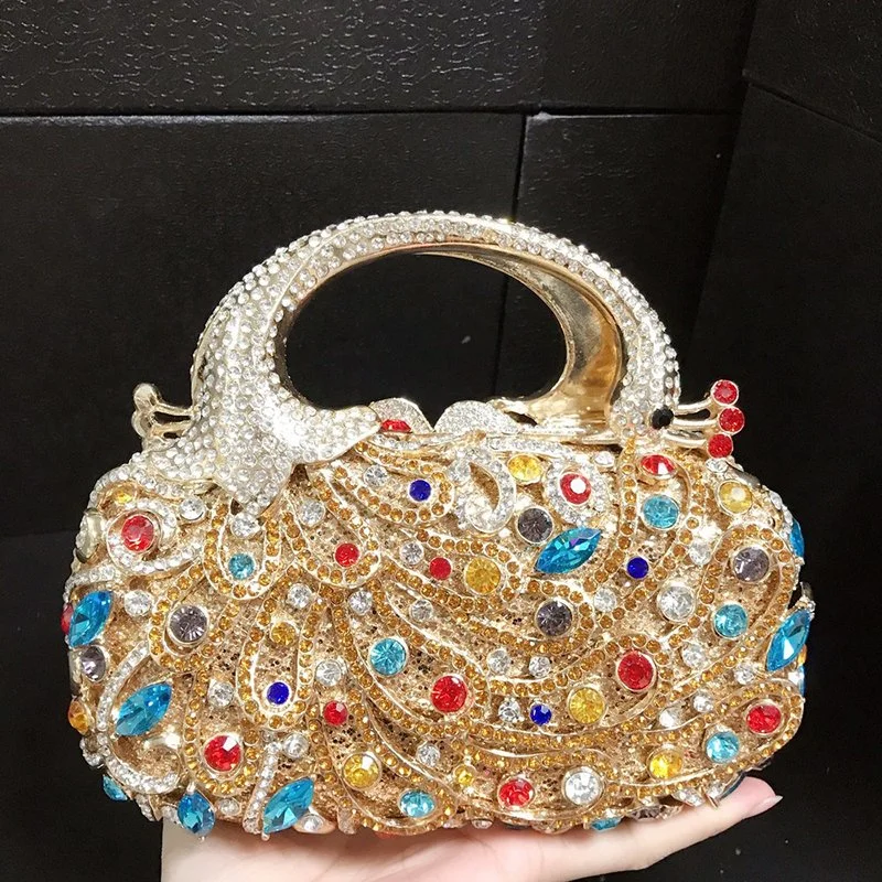 Leb1596 Phoenix Feather Bee Crystal Rhinestone Bag OEM Colorful Ladies Gold Glitter Bling Diamond Handbag Bride Women Purse Evening Clutch