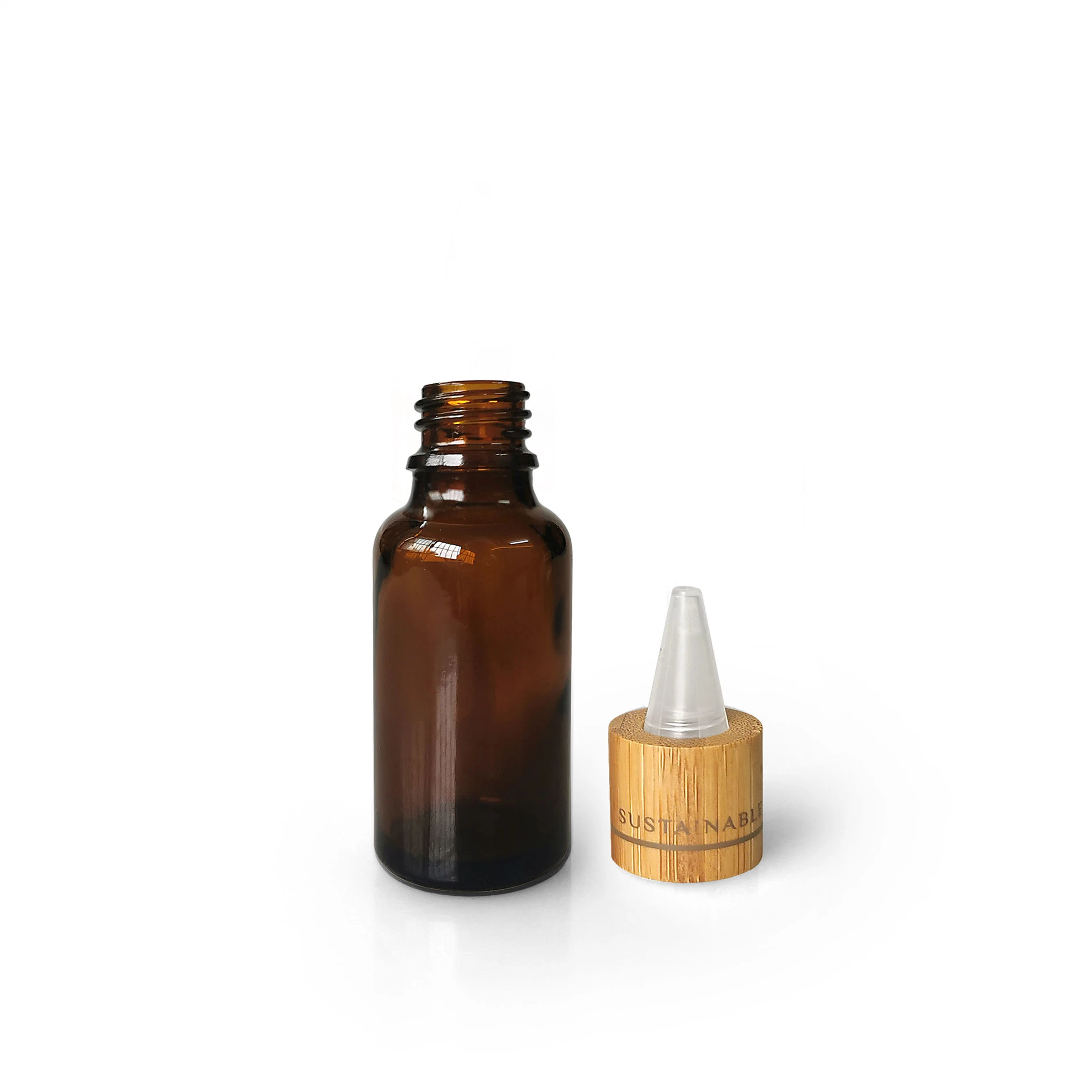 Unique Sustainable Cosmetic Packaging of 20ml Amber Glass Essential Oil Bottle with Bamboo Collar with Sharp Spout