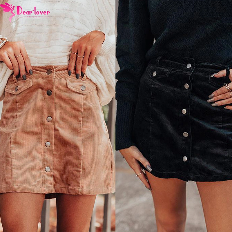 High Waist Button Corduroy Mini Skirt