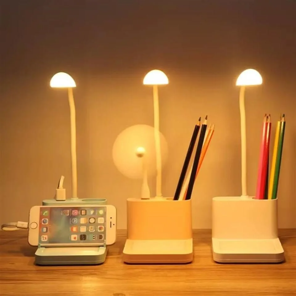 3 in 1 Pen Holder Dimming Phone Holder Table Reading Book Light Desktop LED Desk Lamp with Message Board & USB Fan for Home Office