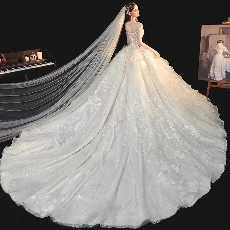 Wd084 New Temperament Bride&prime; S Shoulder Super Fairy Dream Hepburn Starry Tail Wedding Dress Bridal Wedding Dress