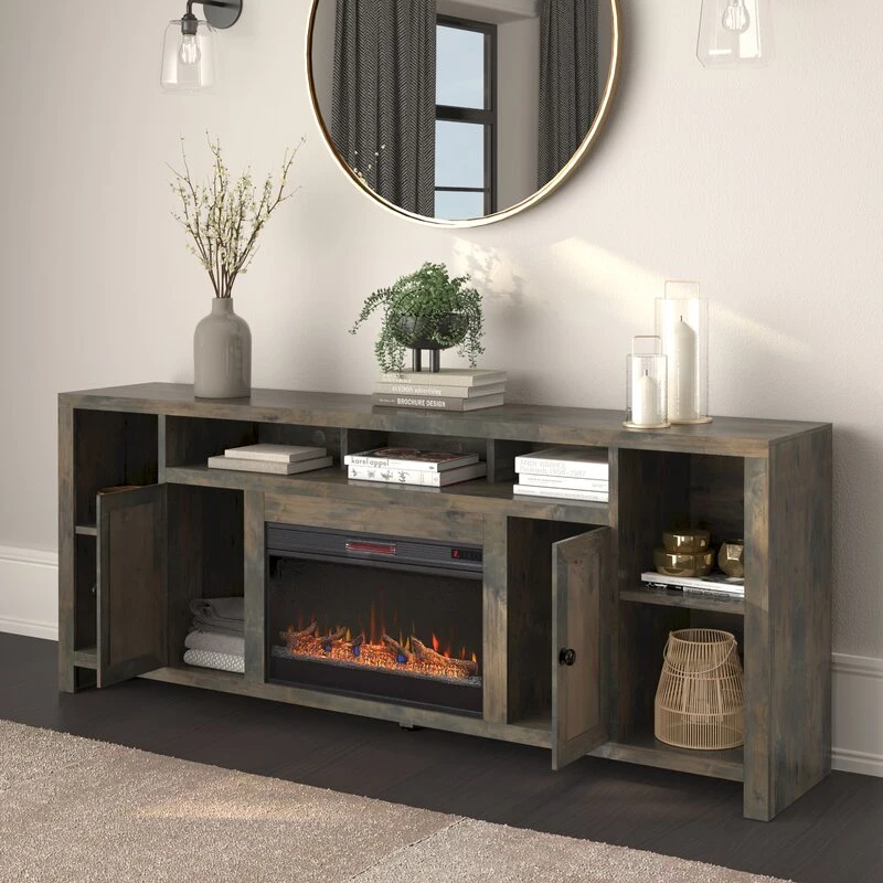 Modern Wood Rustic Brown Electric Fireplace Console Storage Cabinet LED Lights TV Stand with Fireplace