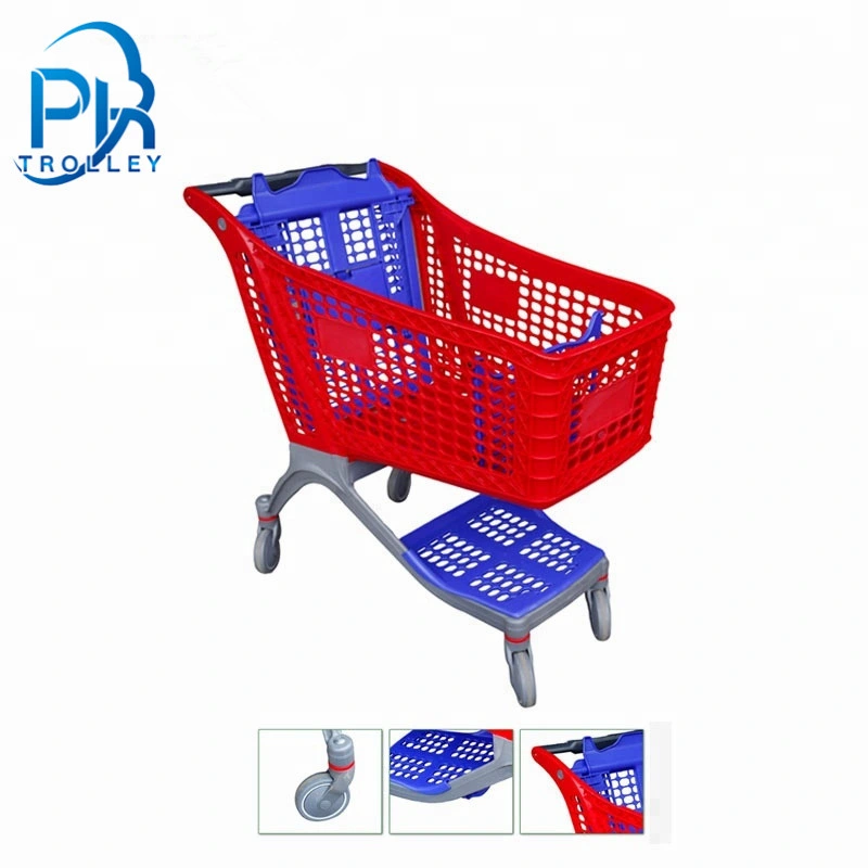 2 Layers Pure Plastic Supermarket Shopping Trolley Cart with Wheels