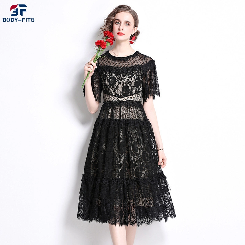 2023 Summer Women&prime; S Dresses Black Lace Round Neck Short Sleeves Slim Fit MID-Length Swing Dress