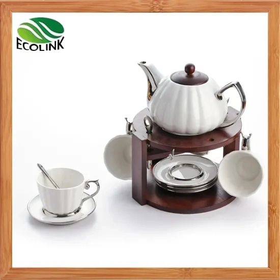 Ceramic Coffee Cup Set with Bamboo Stand