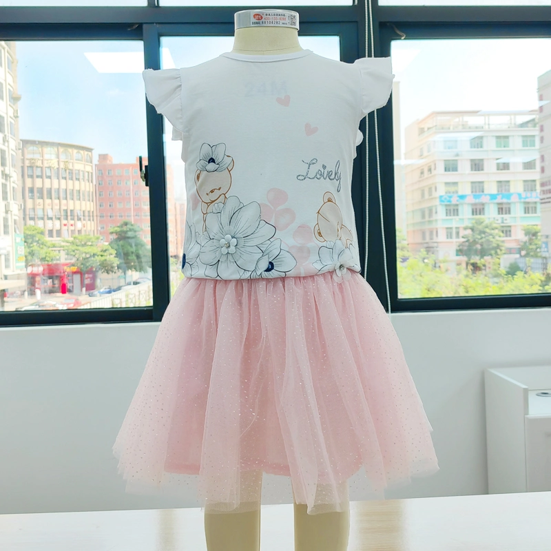 Summer New Ins Girls Skirt Mesh Girl Flying Sleeve Dress Girls Two-Piece Mesh Flower Short Skirt