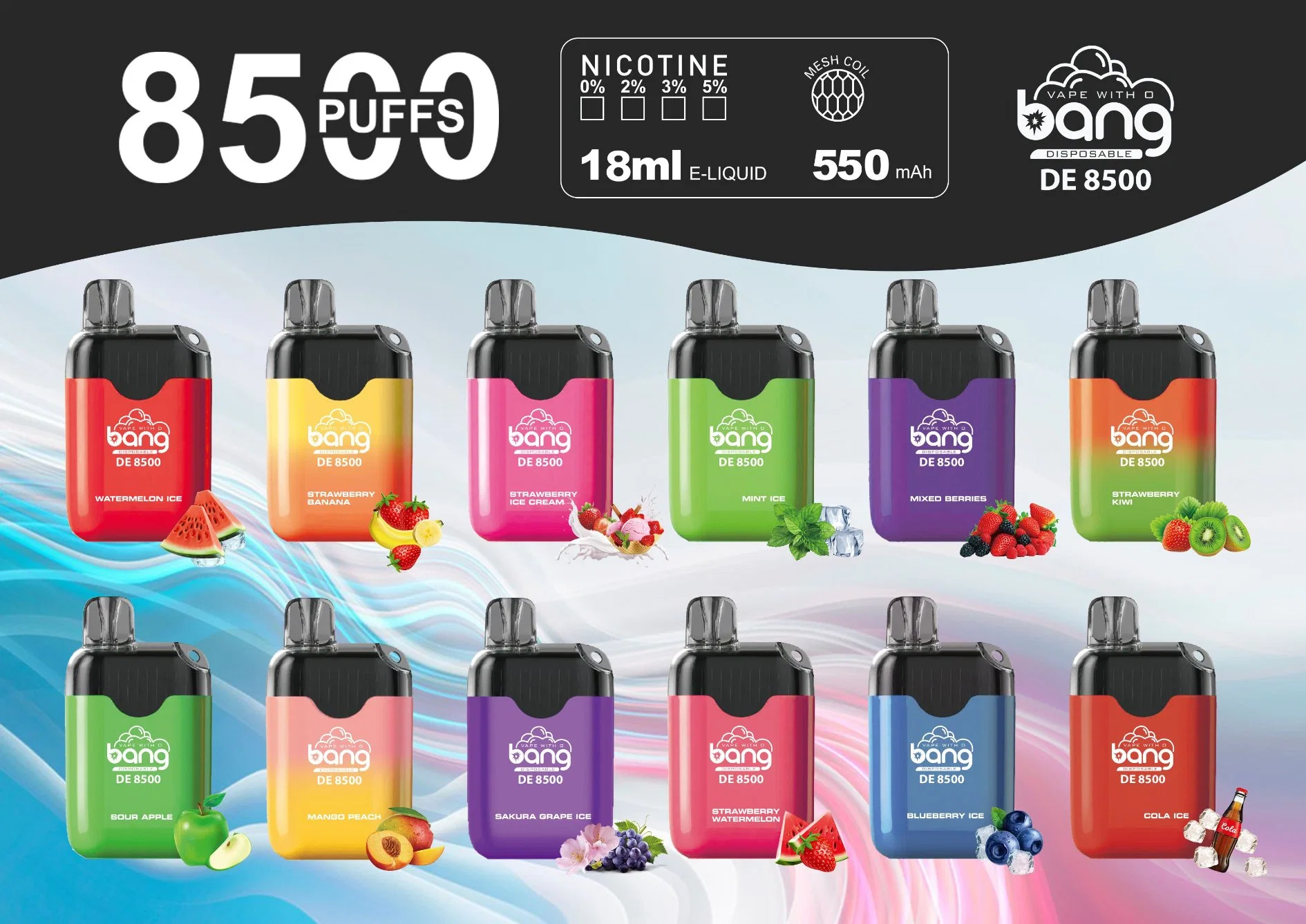 Bobina de malha 8500 descartável e cigarro 8500 da Bang puff OEM Tinteiros de 4 unidades de papel para canetas Vape de 18 ml, pré-cheios, 550 mAh Bateria recarregável 0%2%3%5% puff Pod