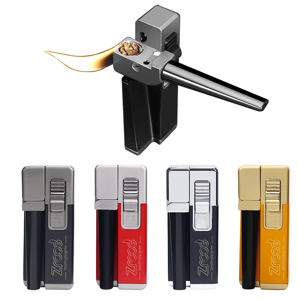 All in One Unique Tobacco Pipe Lighter Smoking Metal Tools Leather Style Flame Butane Gas