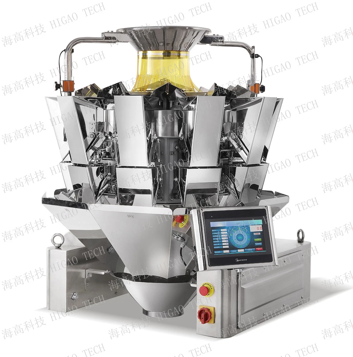 14-jefes combinación multiterminal Weigher con máquina de embalaje Bolsa de refuerzo de almohadas Aperitivos Frutos secos Hierbas Chips de verduras frutas