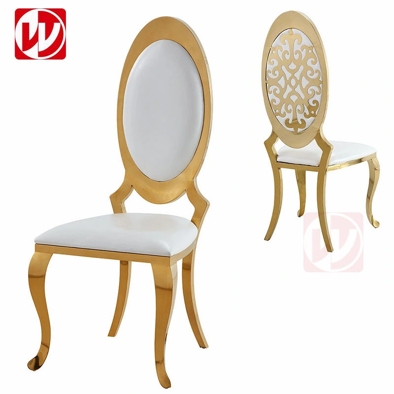 Chaises de salle à manger en cuir PU blanc, acier inoxydable doré pour hôtel, maison, restaurant, salle de banquet et mariages