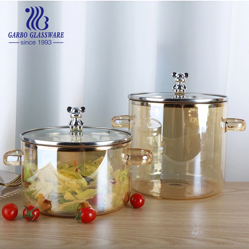 1.7L 2.65L Big Capacity Custom Noodle Container Heat Resistant Gold Glass Tureen with Lid and Ear