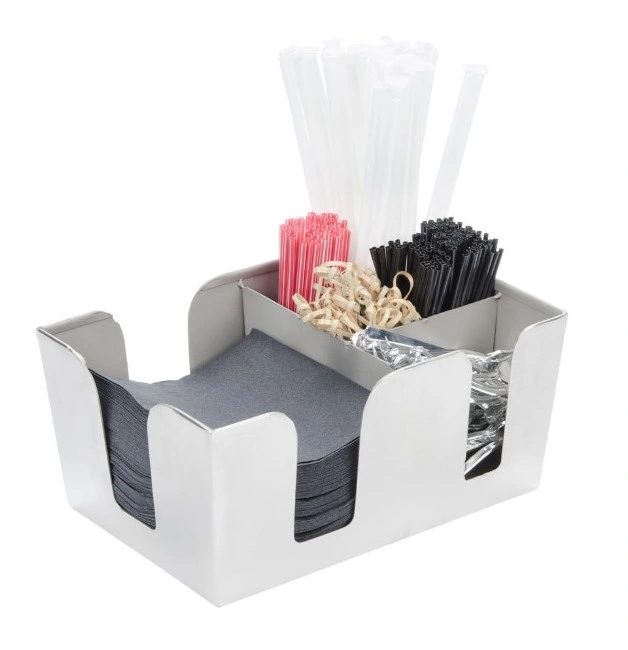 6 Compartment Logo Customzied Plastic Stainless Steel Holder Coffee Cup Condiment Straws Napkins Bar Caddy