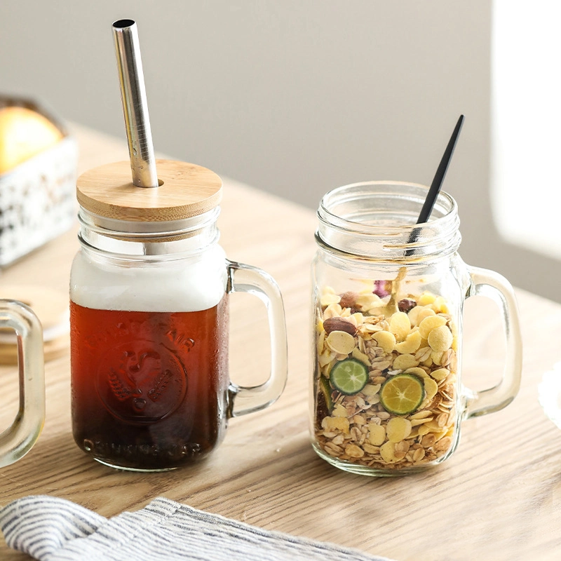 12 Oz 350 Ml Mason Handle Glass Mug with Bamboo Lids and Straw