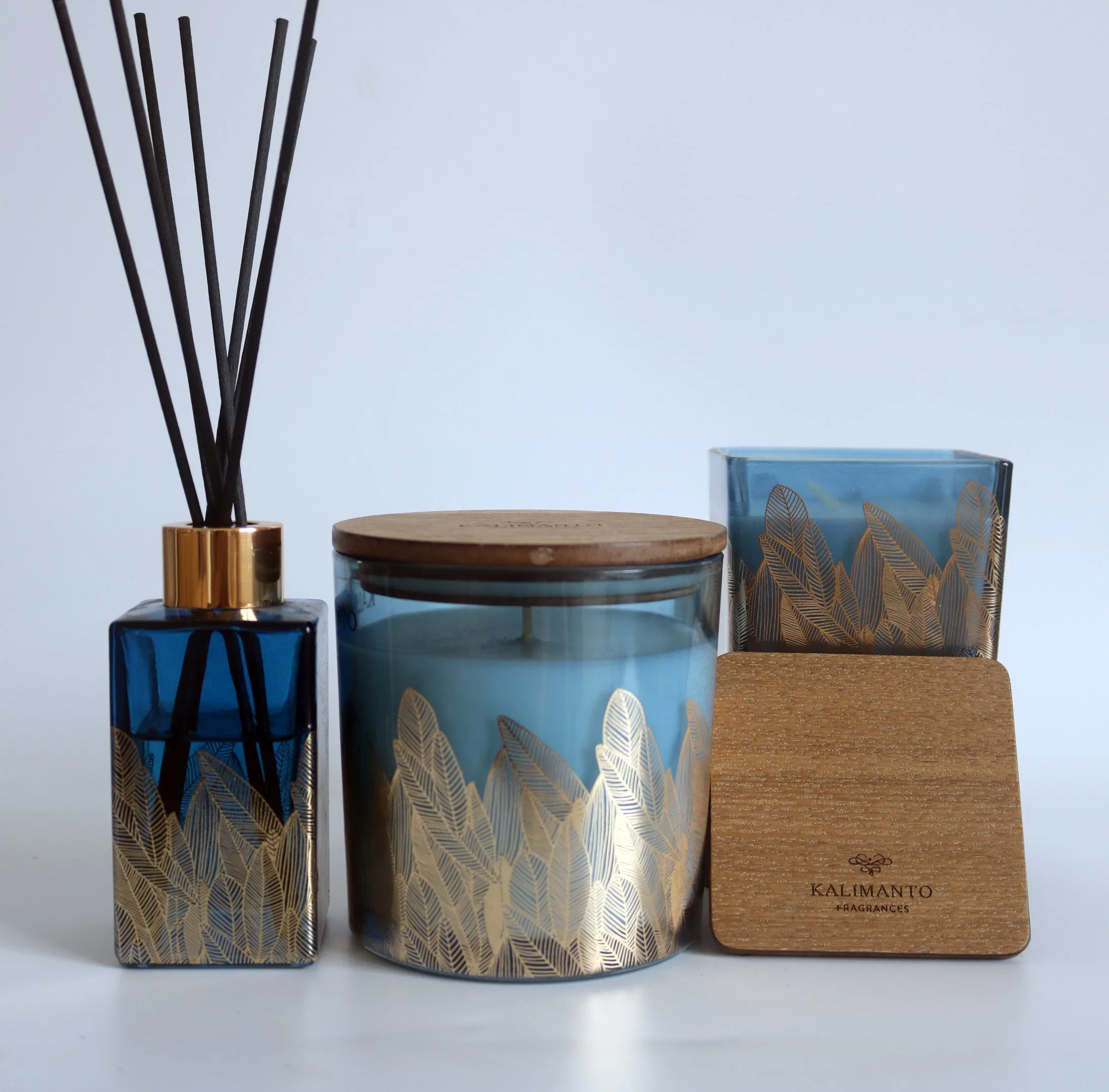 Luxury Golden Leaf Blue Square Glass Candle with Wooden Lid