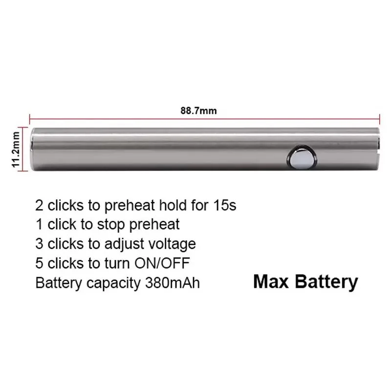 Amigo Max Preheat Battery 380mAh Bottom Type C Charge Vaporizer Battery 510 Thread Vape Pen Battery
