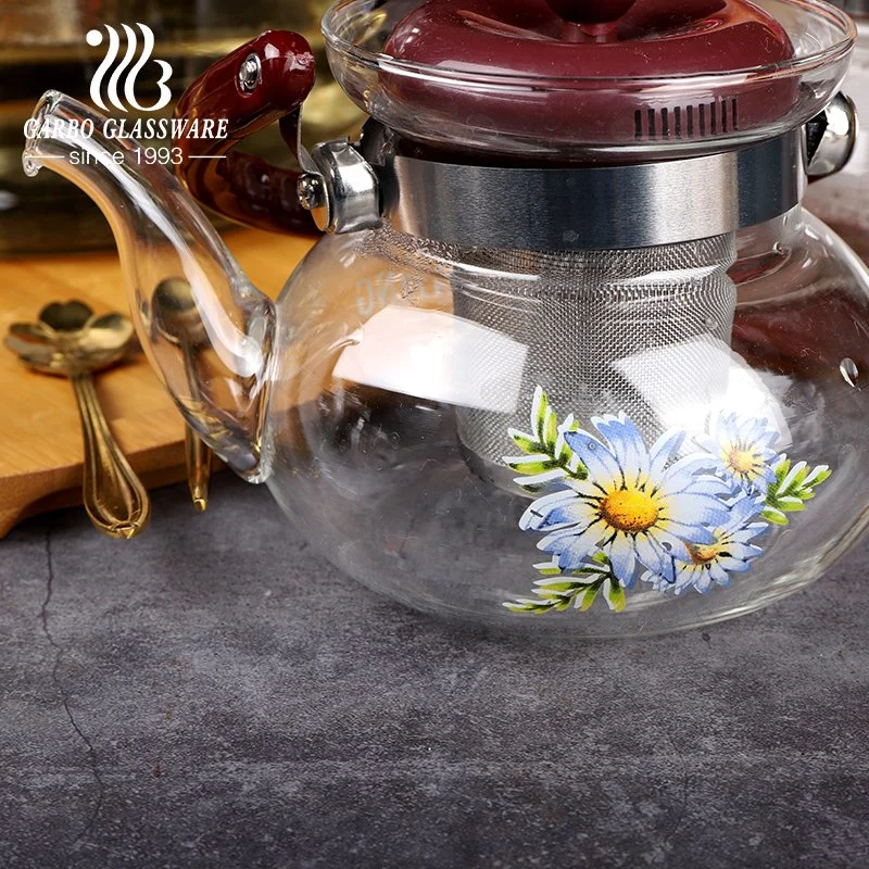 Customized Printing Logo Large Heat Resistant 600-1000ml Glass Kettle Tea Pot