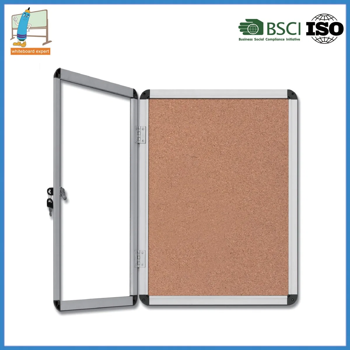 School Wall Mount Aluminum Frame Showcase Notice Pin Cork Board Enclosed Bulletin Board with Lockable Door