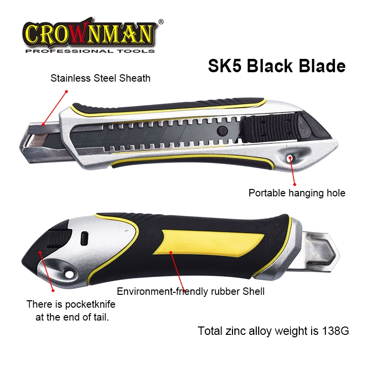 Crownman Cutting Tool, 18mm Zinc Alloy Heavy Duty Utility Cutter Knife with Sk5 Black Blade and Stainless Steel Sheath