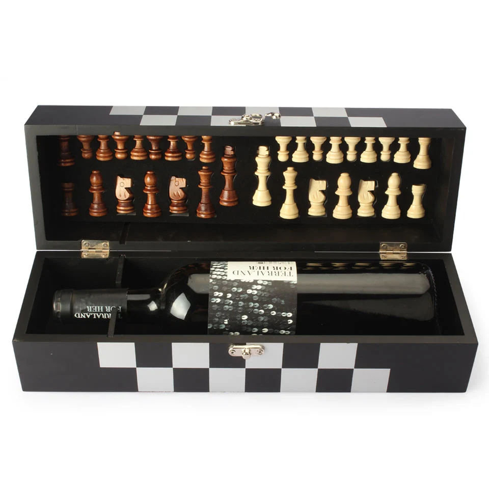 Nouveau jeu d'échecs en bois boîte à bouteilles de vin boîte à vin Avec ensemble cadeau de jeu d'échecs d'accessoires