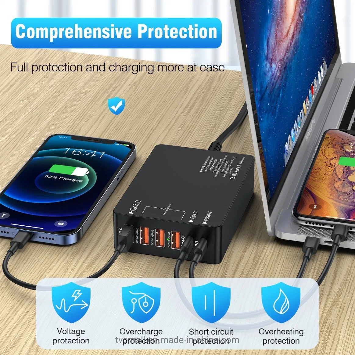 Multi-Port USB QC3.0 Type-C Pd20W Phone Charger Tablet Bluetooth Earphone Fast Charging Power Charger Adapter - EU Plug