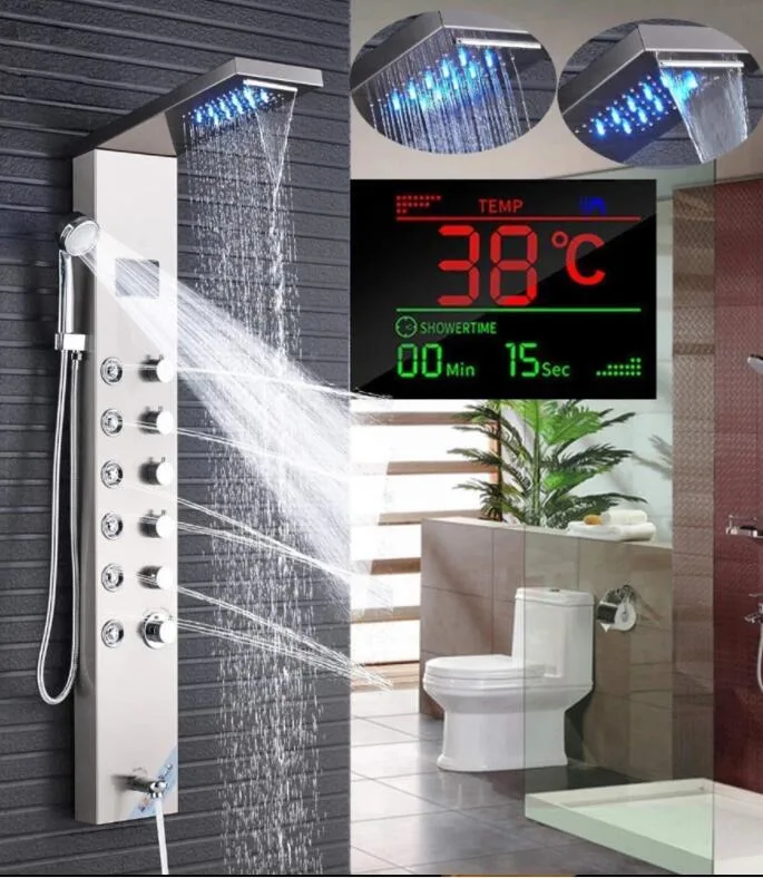 Pared LED columna de ducha lluvia Cascada Ducha pantalla de temperatura Ducha de mano Masaje SPA Jet tres asas Mezclador Juego de machos de roscar grifo