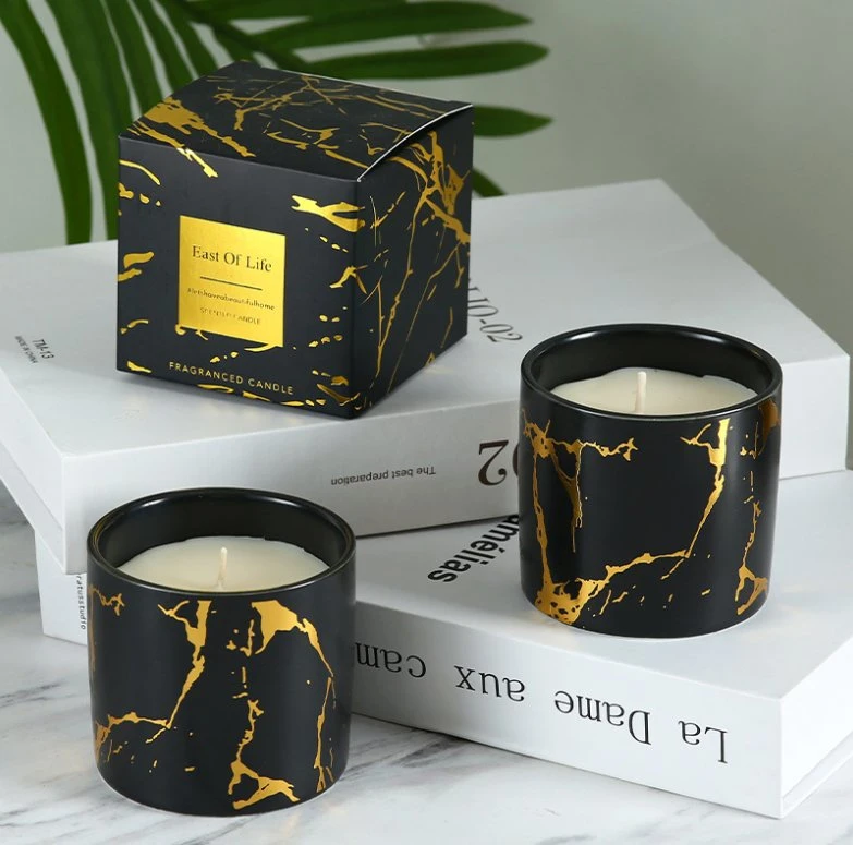 Gold Marbled Ceramic Cup Fragrant Wax Romantic Atmosphere Scented Jar Soy Candle with Lid Decorate