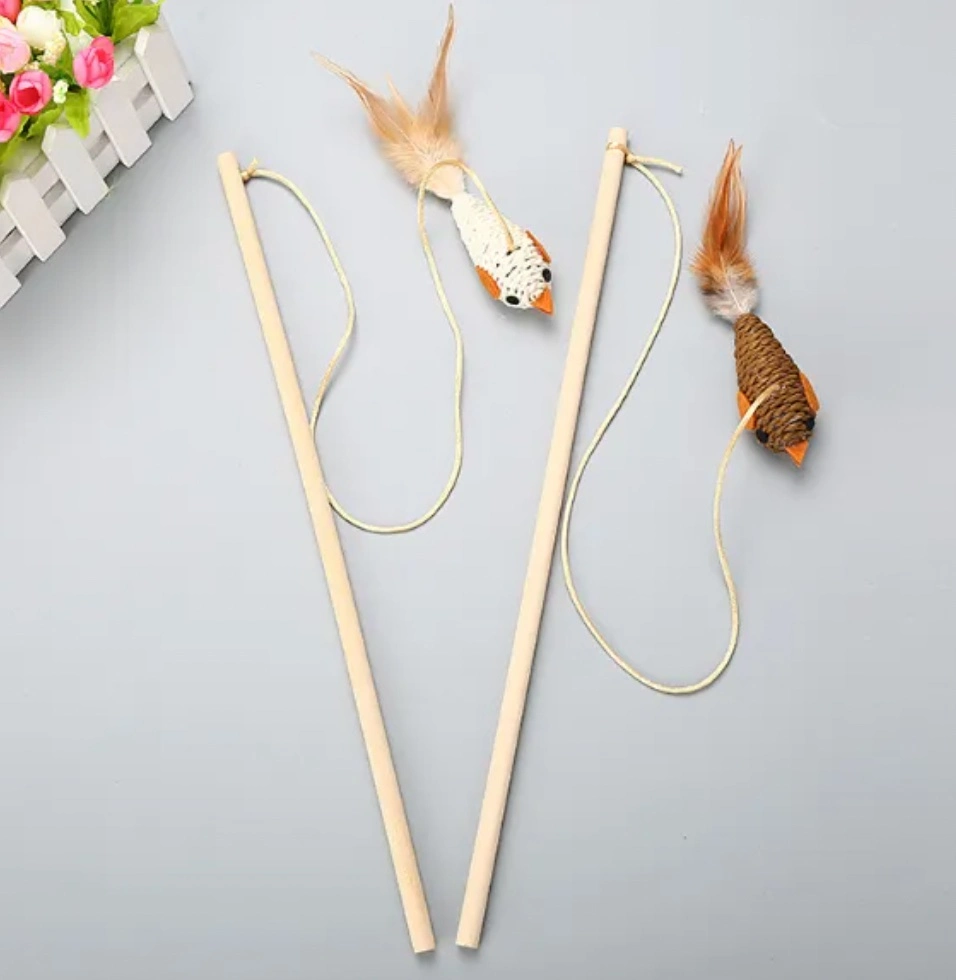 Wholesale/Supplier New Design Mouse Head Bird Wooden Pole Interactive Cat Teaser with Feather