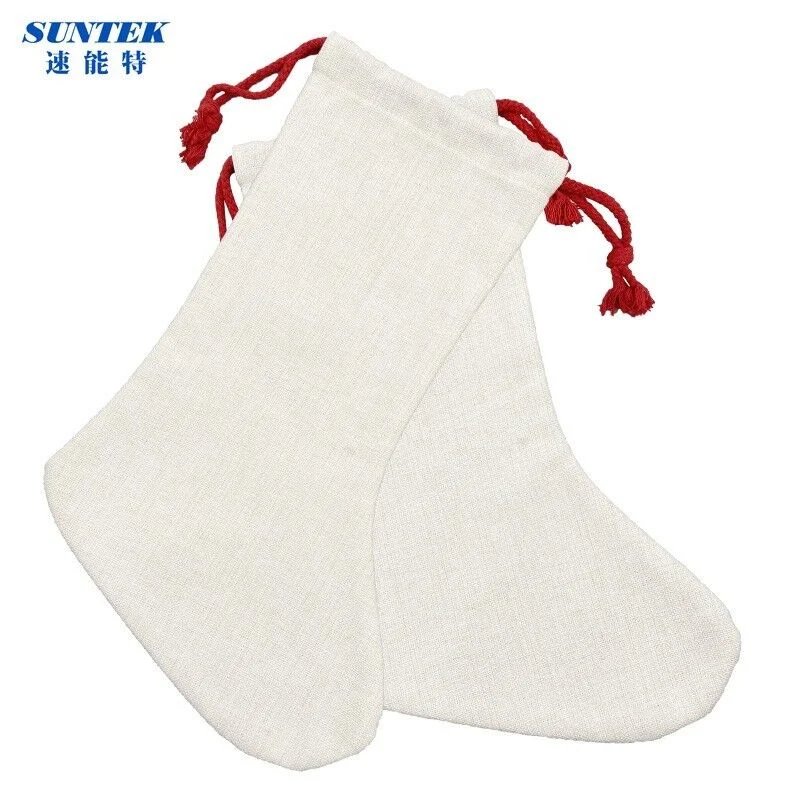 Customized Sublimation Linen Drawstring Christmas Socks Blank DIY Decoration