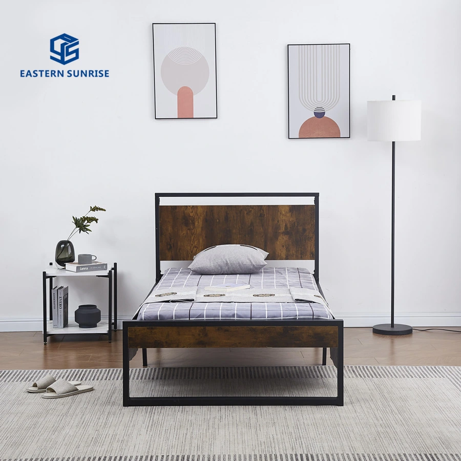 Molduras de cama em metal para trabalhos pesados com cabeceira de madeira, mobiliário de quarto de tamanho único/duplo