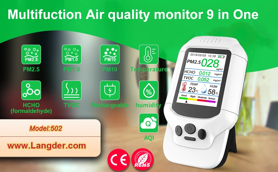 Portable Digital Air Quality Monitor Small Tester for Household Air Quality with Rechargeable Li-Battery 1500mAh