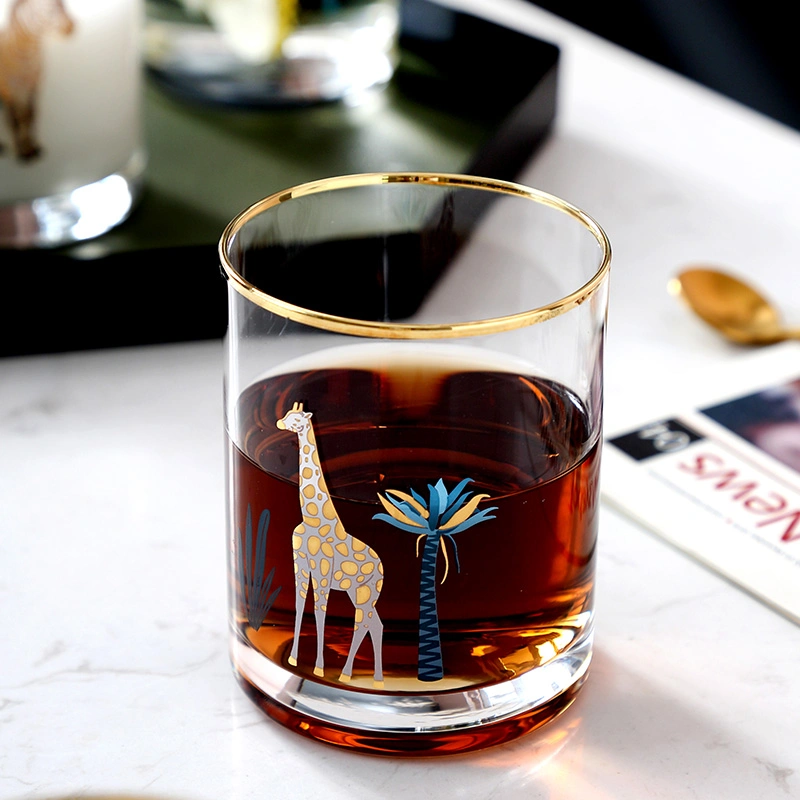 13.5oz Gift Promotion Golden Rimmed Animal Design Printing Decal Water Glass Cup Juice Tumbler with Gold Rim Handmade Glassware