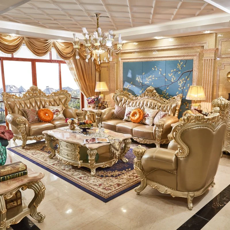 Solid Wood Carved Classic Luxury Leather Sofa Set in Optional Furniture Color and Couch Seat