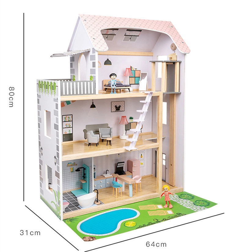 Children Simulation Pretend Wooden Doll House Kids Role Play Toy Three Layer Wooden Villa Baby Educational Wooden Toys