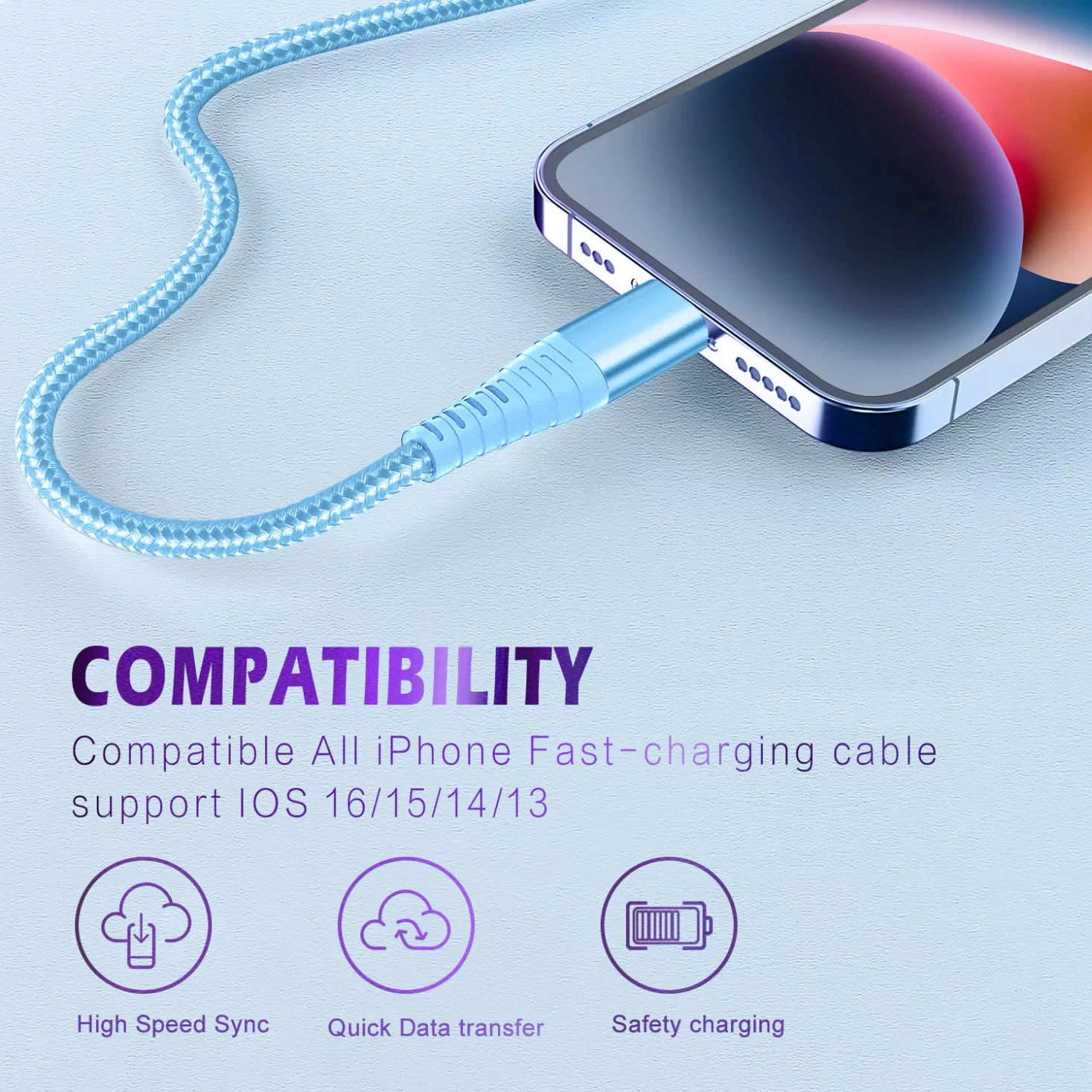 High quality/High cost performance Nylon Braided USB a to Lightning Cable for iPhone 14 13 12 11 New Design Fast Lightning Cable for iPhone Factory Wholesale/Supplier Price