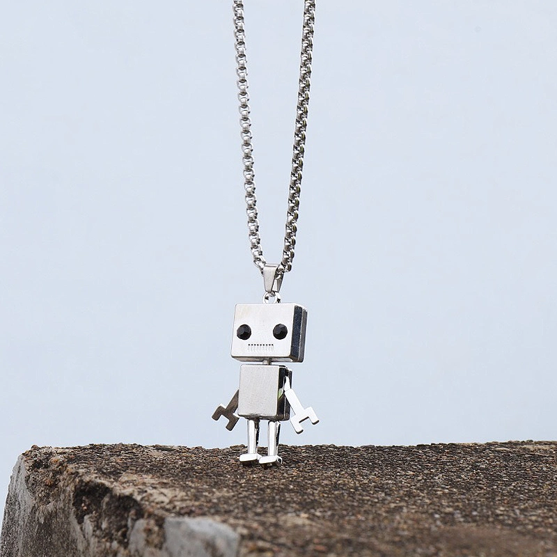 Mens Fashion Jewelry Titanium Steel Robot Pendant Necklace Women Robot Sweater Chain