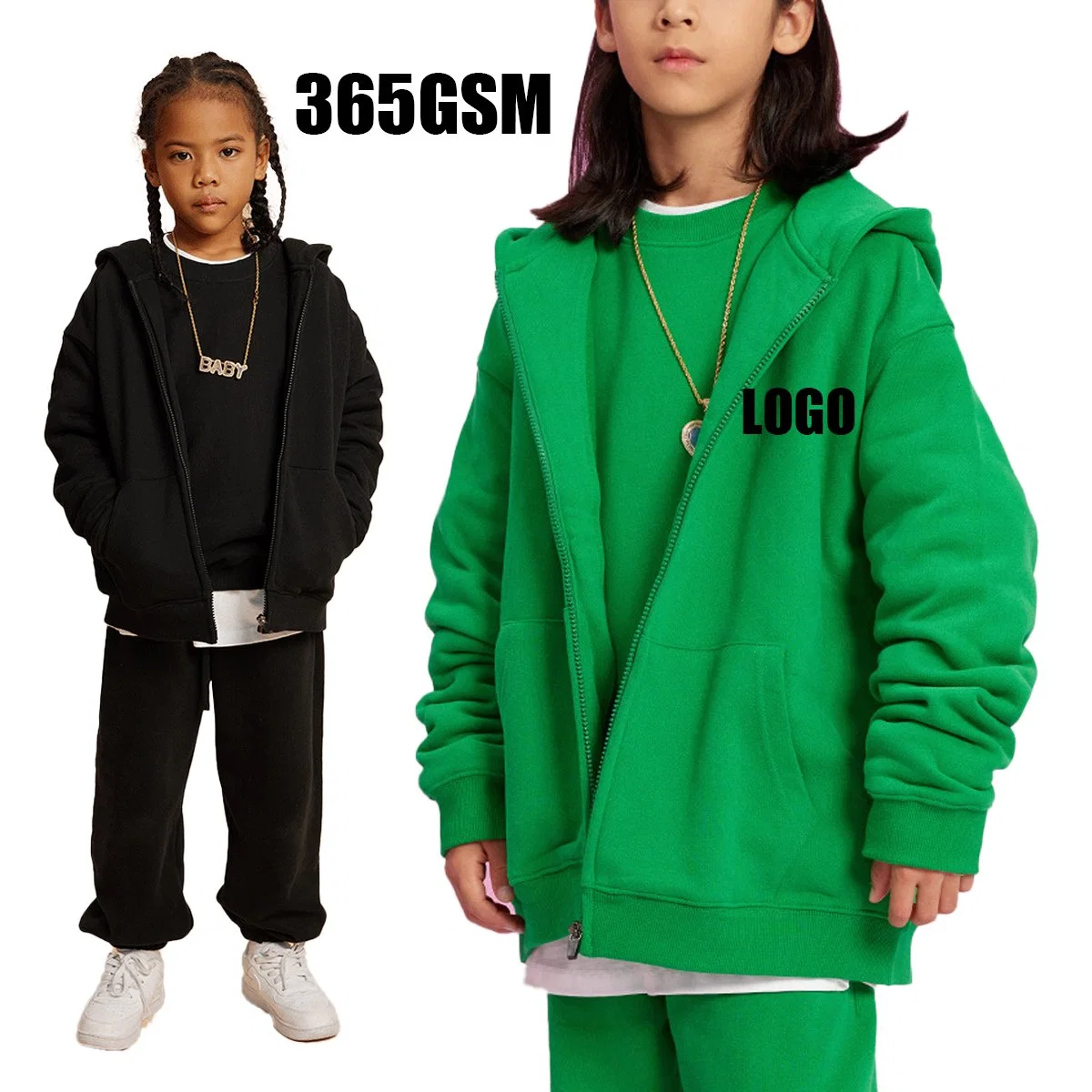 High quality/High cost performance  Boys Clothing Children 360GSM Fleece Cotton Plain Custom 3D Embossed Puff Print Heavyweight Zip up Oversize Girls Premium Essentials Pullover Hoodi