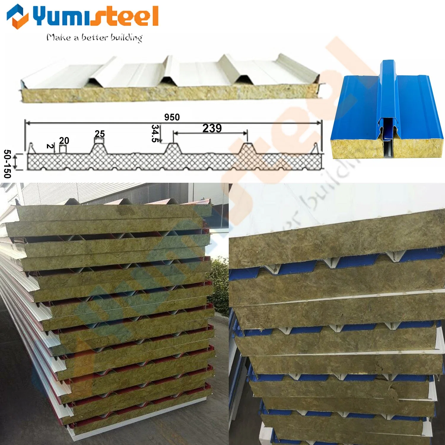 Fireproof Rockwool/EPS Insulated Steel Roof/Wall Sandwich Panels for Steel Buildings