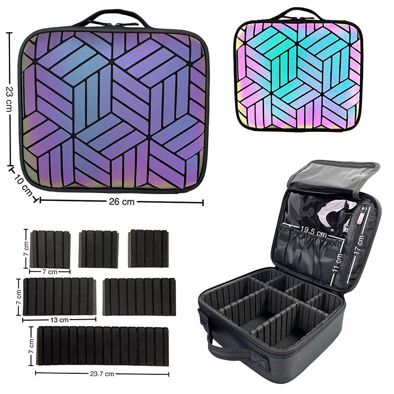 New Fashion Portable Cosmetics Bag Geometric Luminous Removable Compartment Travel Makeup Box Cosmetic Case