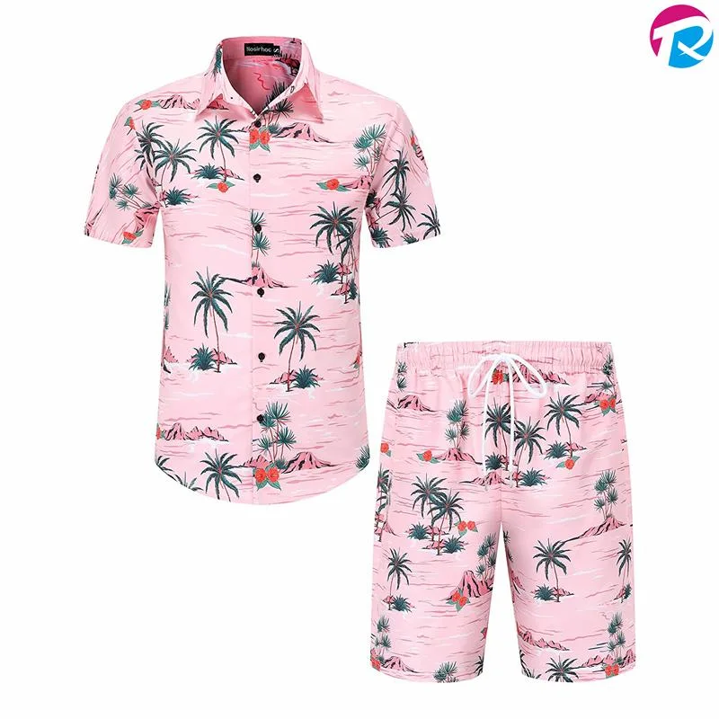 Custom Men Summer Hawaii Printed Shirts Hawaiian Beach Wear Matching Shirts and Pants Set