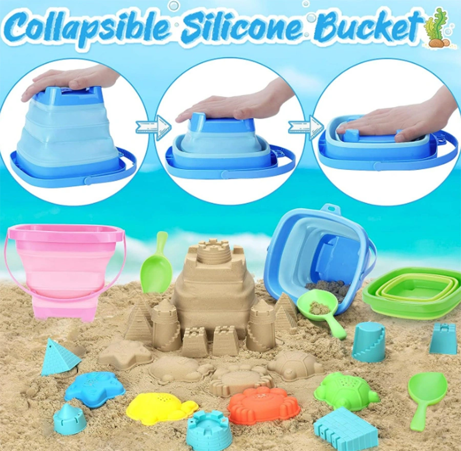 Collapsible Foldable Beach Buckets Beach Toys with Mesh Bag & Sand Molds