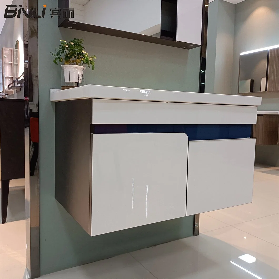 Original Factory Wholesale/Supplier Hot Sale Cheap 32 Inches Matt White Blue Solid Wooden Plywood Bathroom Vanity with Storage Cabinet Mirror