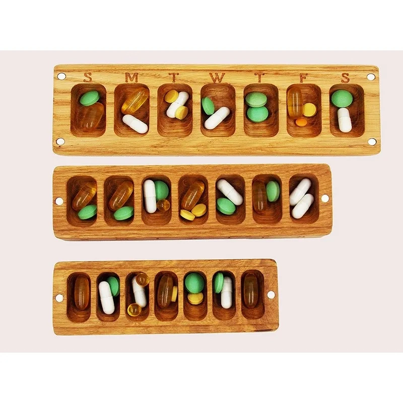 Earring Ring Jewelry Storage Rectangle Decorative Box Daily Weekly Vitamin Medicine Pill Organizer Case Wooden Box