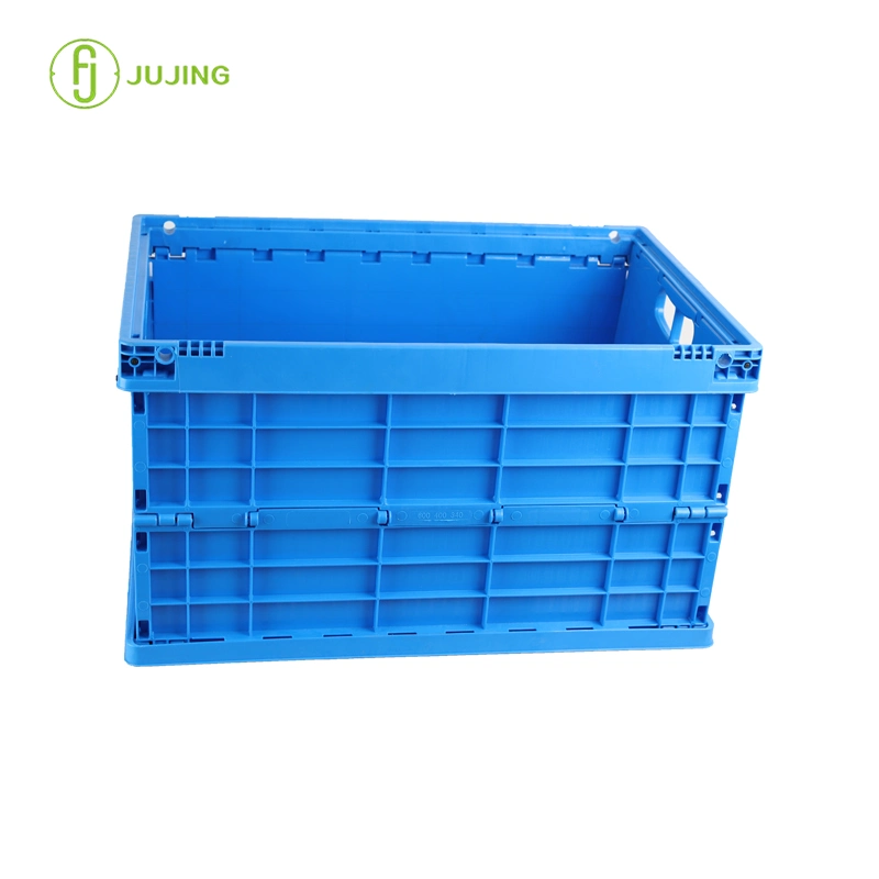 Jujing Folding Turnover Box with Lid, Stackable Fruits & Vegetable Blue Storage Crate Plastic Turnover Box