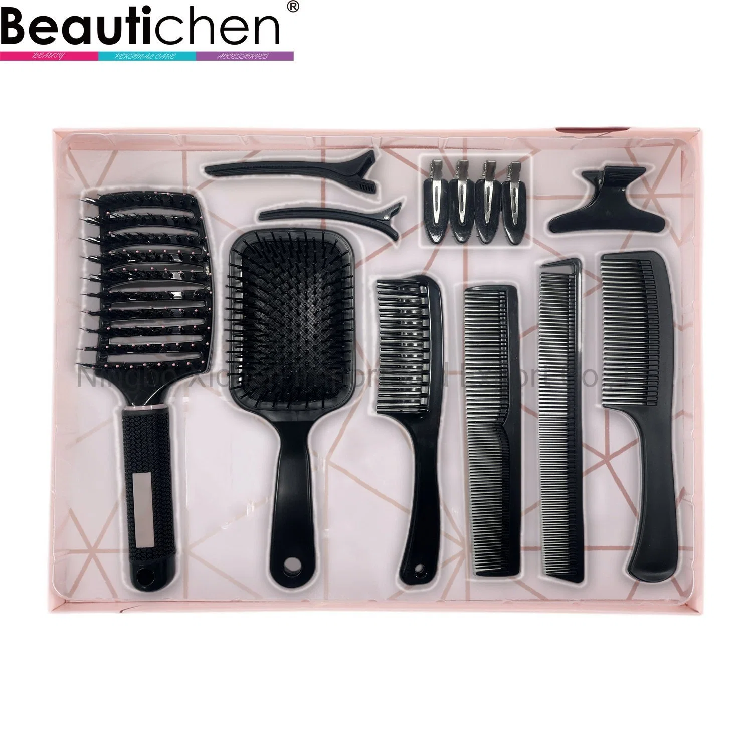Dom Preto Beautichen definir com escovas de cabelo, Pentes e Presilhas de cabelo 10 em 1 conjunto de escovas de cabelo Novidade