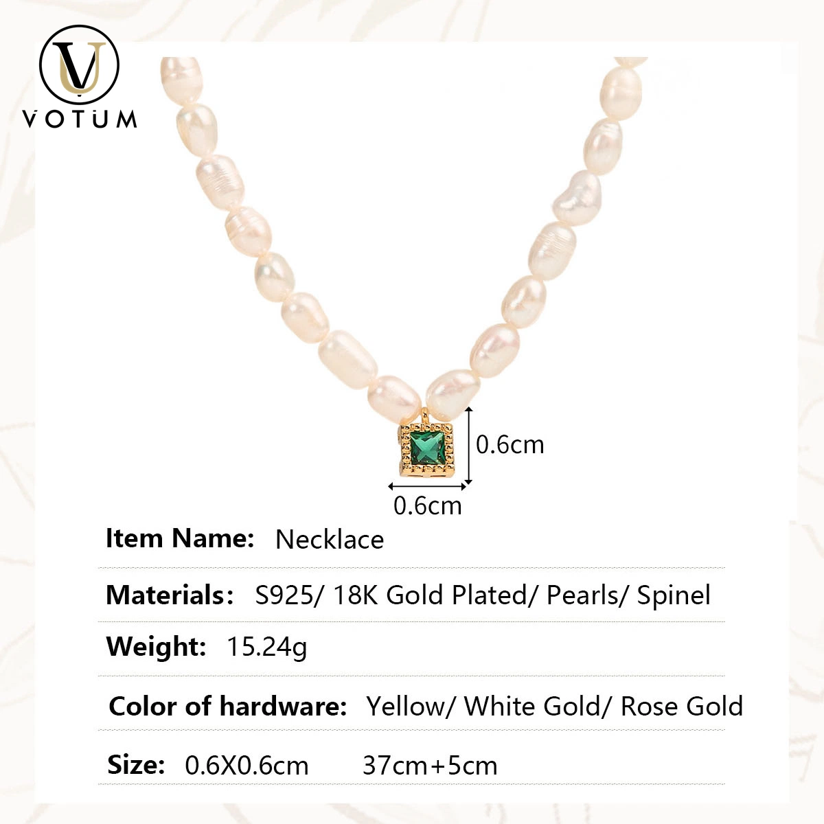 Votum OEM Factory 925 Sterling Silver Gold Plated Chinese Freshwater Pearl Personalizar Collar de espinela Joyas al por mayor