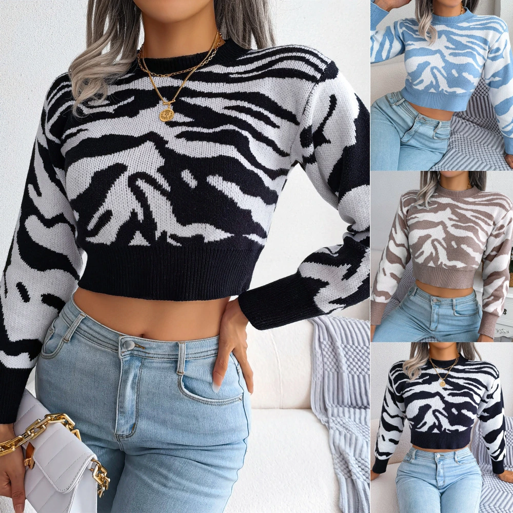 Real Shot 2023 Autumn and Winter Europe and The United States Fashion Tiger Print Long-Sleeved Crop Knit Sweater Women's Wear