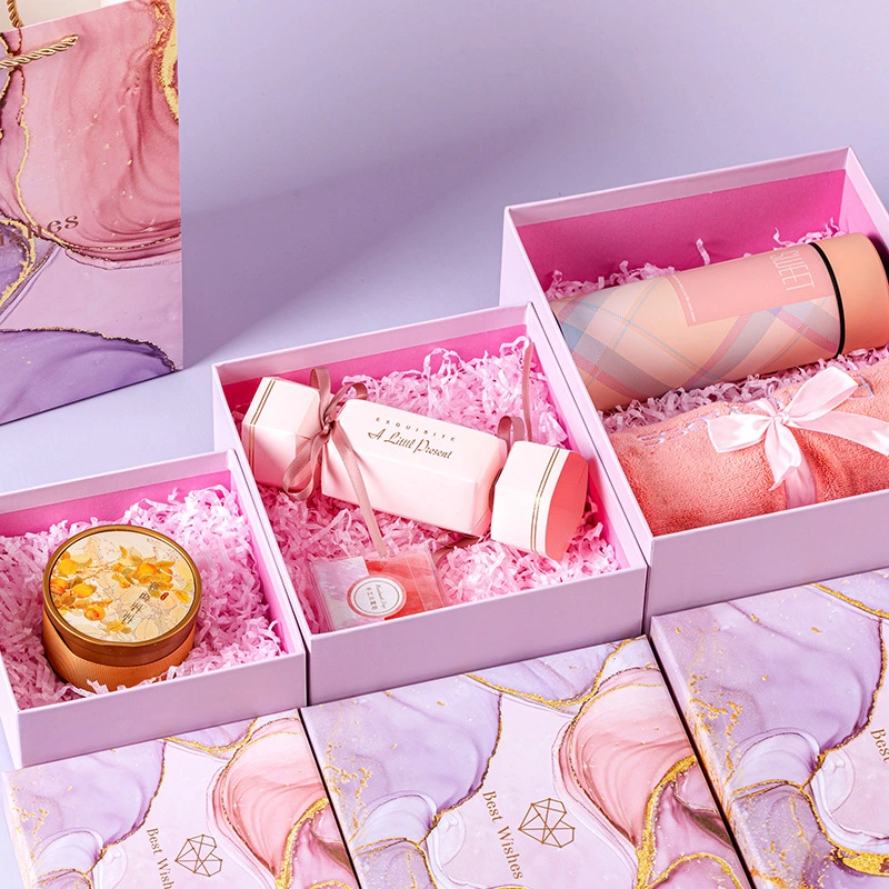 2023 China New Year Cook Wholesale/Supplier Custom Pink Marble Printed Paper Cardboard Christmas Luxury Baby Gift Packaging Boxes Set with Transparent Lid Present