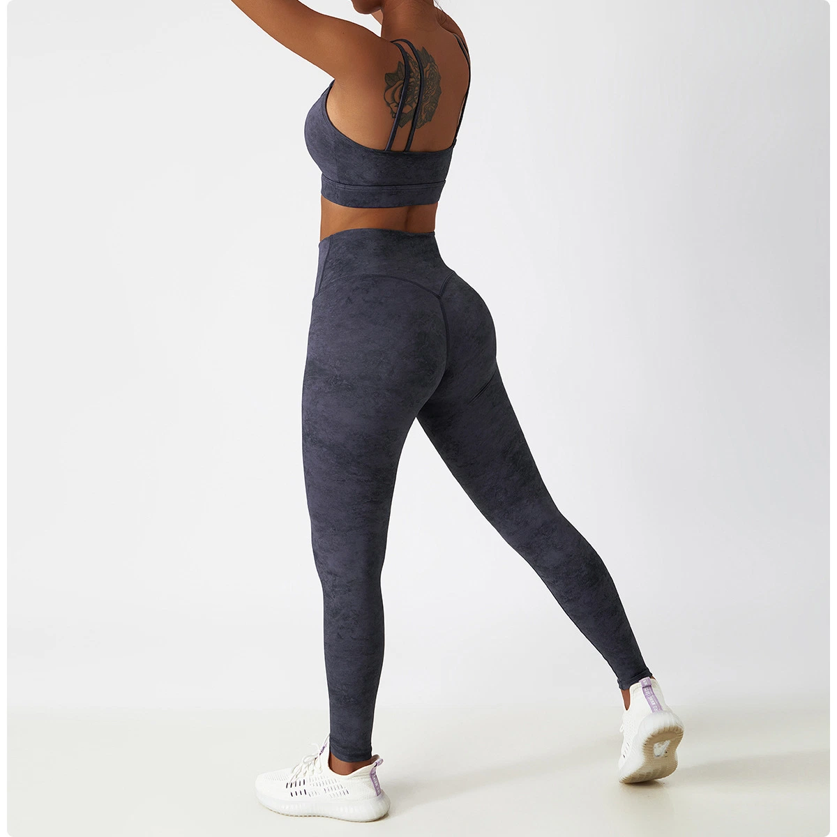 Ensemble de soutien-gorge de yoga imprimé tie-dye et de pantalons de sport, ensemble de leggings de course de remise en forme de haute taille pour femmes, vêtements de sport pour les hanches.