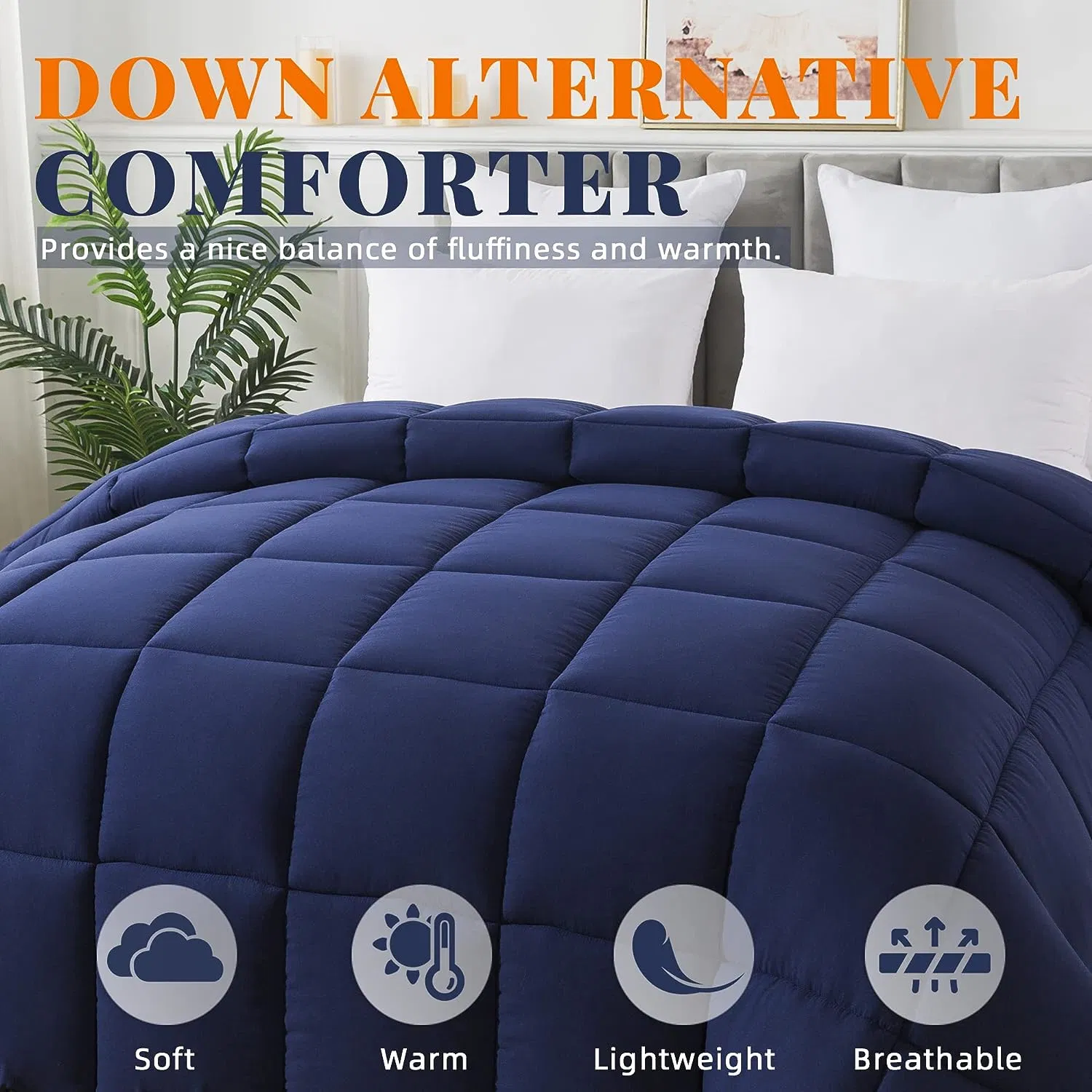 Down Alternative Comforter (Navy Blue, Queen) - All Season Soft Quilted Bed Comforter - Duvet Insert with Corner Tabs - Winter Summer Warm Fluffy, 88X92inch