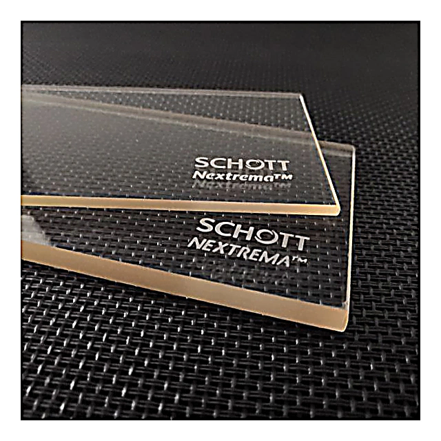 Schott Robax Glass, Verre cristallin à expansion nulle, Transparent brunâtre, 3,0 mm, 4,0 mm, 5,0 mm.